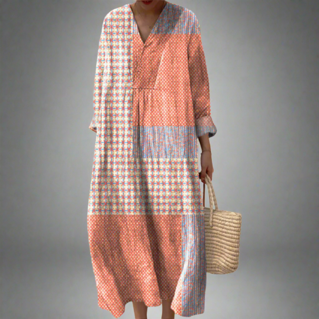 Nora ™ | Abito Midi Patchwork con Stelle e Corallo