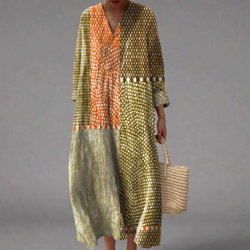 Vivienne ™ | Abito Midi Patchwork in Toni Naturali