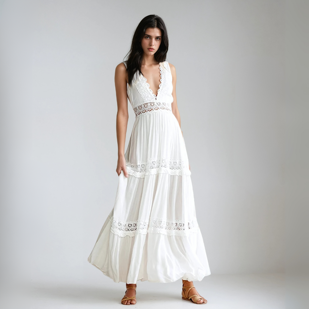 Bianca™ | Abito Lungo con Ricami in Pizzo