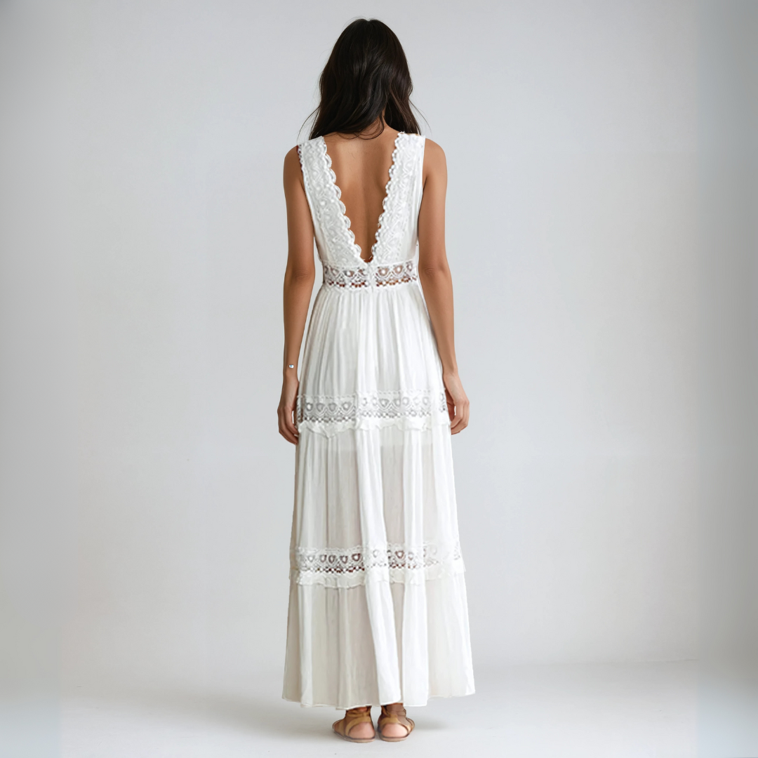 Bianca™ | Abito Lungo con Ricami in Pizzo