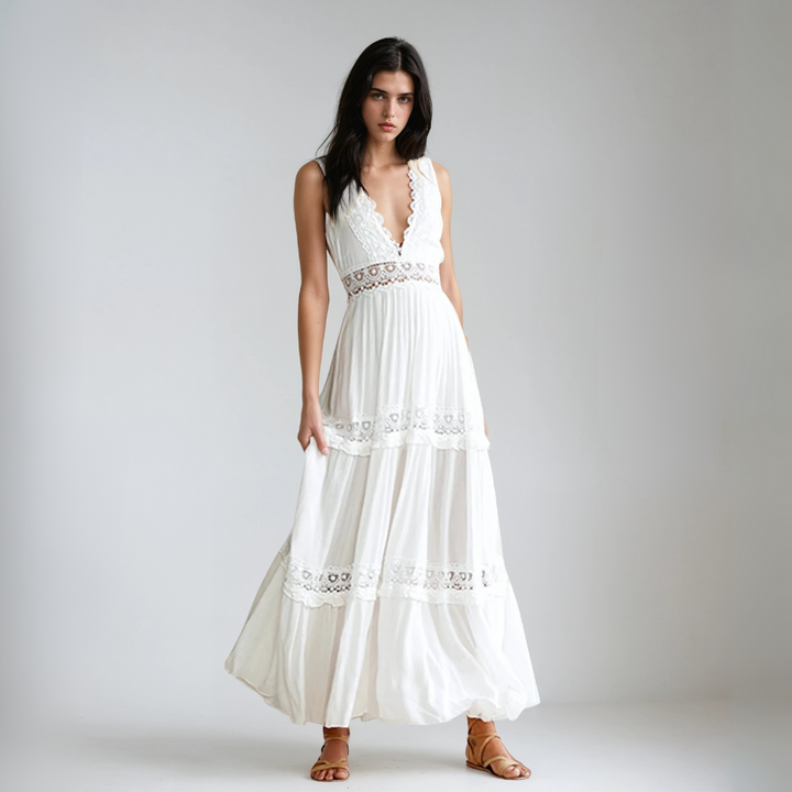 Bianca™ | Abito Lungo con Ricami in Pizzo